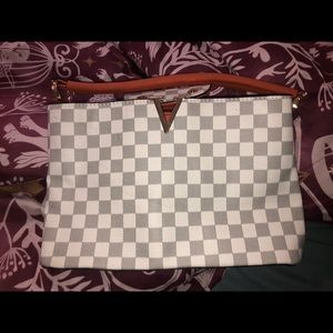 white checkered purse